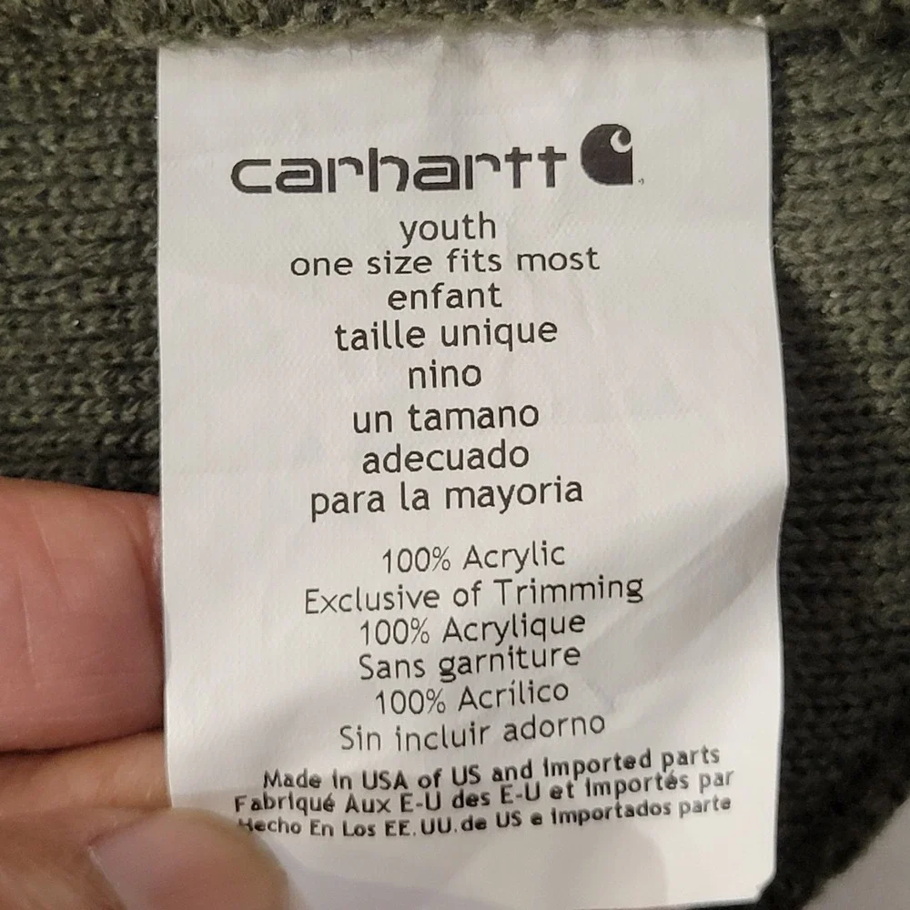 Carhartt Youth Olive Green Rib-Knit Cuffed Beanie Watch Hat Cabincore Winter Fun